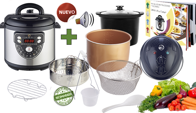 Olla GM4U iPlus Turbo 6L + Cubeta de ceramica Dorada + Cubeta Slowpot + Tapa Horno Negra + Cestillo de vapor + Cestillo de freir + Pinzas extractoras + Recetario a todo color con mas de 325 recetas