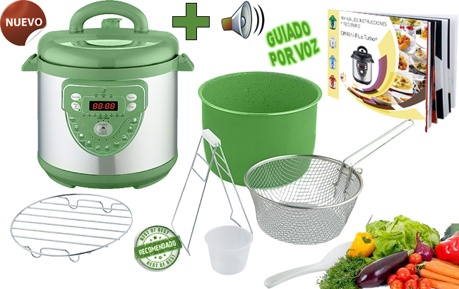 Olla GM4U iPlus Turbo Verde 6L + Cubeta de ceramica de piedra Supreme Verde + Cestillo de freir + Pinzas extractoras + Recetario a todo color con mas de 325 recetas