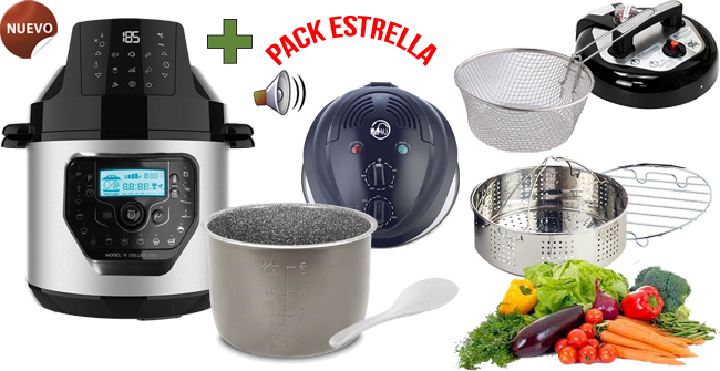 Olla GM modelo H Deluxe Fry bascula y voz 6L + Tapa advance + Tapa Horno + Cubeta   Excelsior + Cabezal Freidora de aire sin aceite 6L + Cestillo de vapor