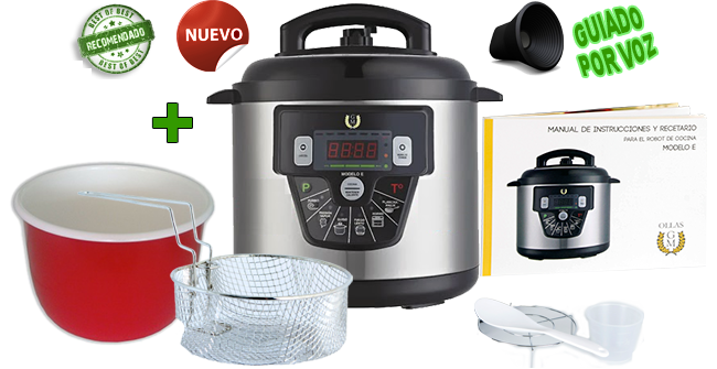 Olla GM E nuevo modelo 6 litros CON VOZ Y función freir + accesorio extra función freir + cubeta roja con recubrimiento de cerámica + Tomo 246 recetas incluyendo Recetas Funcion Freir