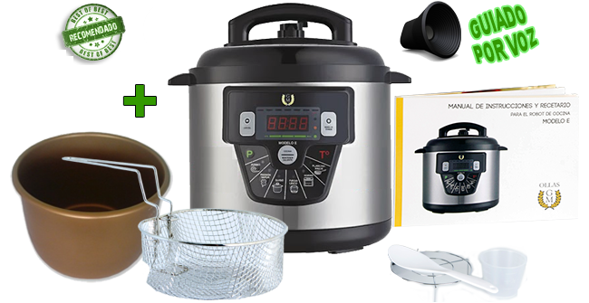 Olla GM E nuevo modelo 6 litros CON VOZ Y función freir + accesorio extra función freir + cubeta dorada con recubrimiento de cerámica + Tomo 246 recetas incluyendo Recetas Funcion Freir