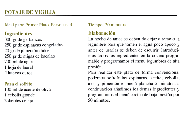 Receta de potaje de vigilia - Olla Programable